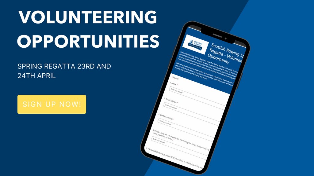 VOLUNTEER WITH US! 👏

At the Scottish Rowing Spring Regatta on 23rd &amp; 24th April we have volunteering opportunities available!

✍️ Sign up TODAY! bit.ly/3xx0wNc