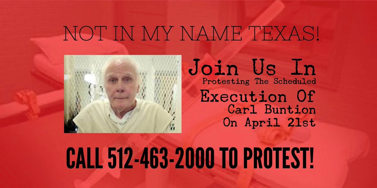 The BPP has voted against clemency for #CarlBuntion. Not surprising. However, don't be fooled, executing a 78 years old man who needs a wheelchair and will have to be lifted tomorrow to the gurney, won't make the world safer! #EndTheDeathPenalty
@TexasCJE @TCADPdotORG