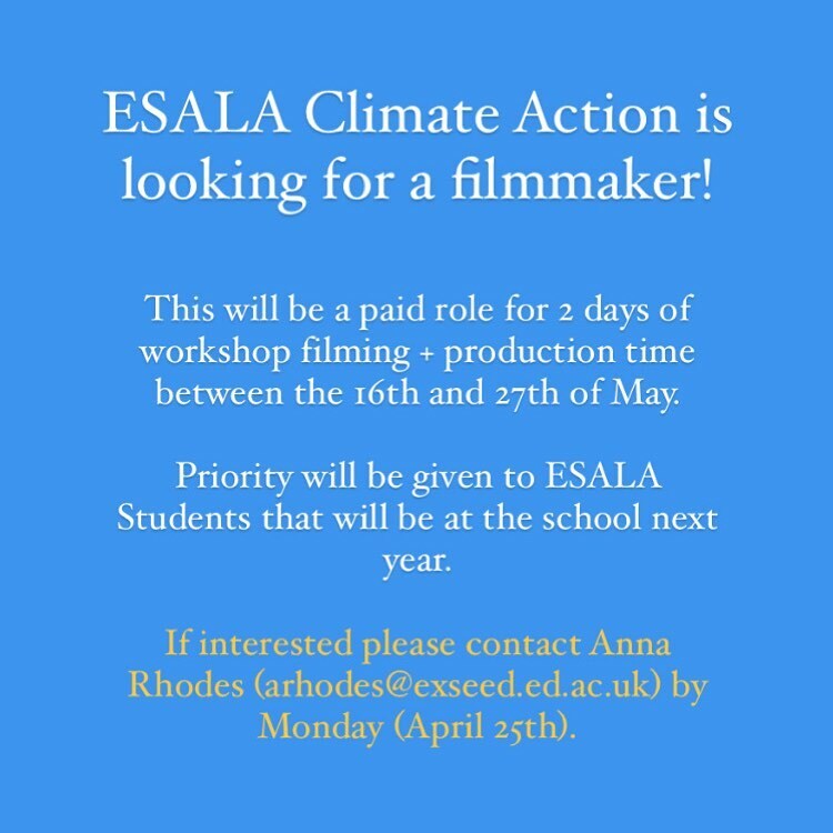 Employment opportunity with ESALA Climate Action. Please contact Anna Rhodes via email to apply with examples of work and queries for further information!

#esala #edinburgh #universityofedinburgh instagr.am/p/CckcXESMi_E/