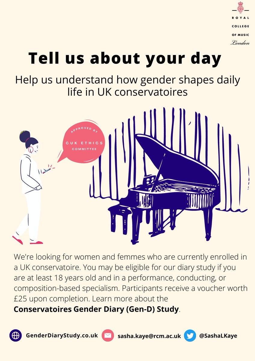 Gender shapes our world in day-to-day life. Help me better understand how women and nonbinary femmes experience gender in UK conservatoires, and what that means for their academic and musical progression. Read more and consider joining at genderdiarystudy.co.uk