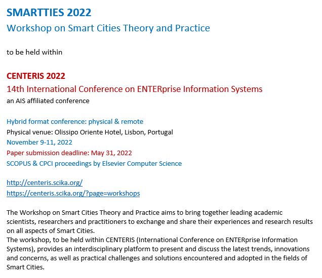 SantiPlanet's tweet photo. Call for papers para el workshop SMARTTIES 2022 Smart Cities Theory and Practice del que formo parte del Comité Científico. Deadline: 31 de mayo.
#smartties #centeris2022 #smartcities

👉 https://t.co/BhopGu6MZs https://t.co/AZkKR4SgDx