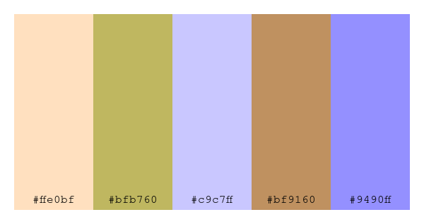 ColPaletteBot's tweet photo. Beep beep, here's a pretty color palette for you! 

color-scheme.js parameters used: 
- hue: 257
- variation: light
- colors: #ffe0bf, #bfb760, #c9c7ff, #bf9160, #9490ff

Have a lovely day!

#twitterbot #colorpalette #colors #palette #prettycolors https://t.co/orjLQzITxK