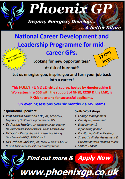 ⚠️Applications for @PhoenixGPProg CLOSE SOON!⚠️ ⭐️A National Career Development and Leadership Programme for mid-career GPs⭐️ 💻All sessions are held virtually on Thursday evenings🕐7pm - 9pm 📅Follow the link to view more information including dates bit.ly/PhoenixProgram…