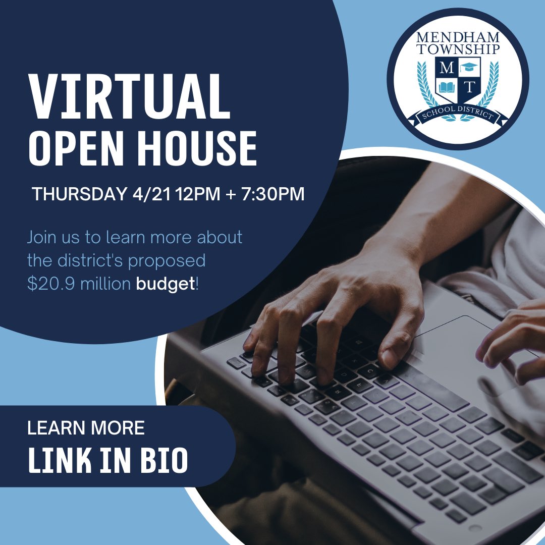 SAVE THE DATE: Thursday 4/21! We'll be hosting two virtual open houses to share info and answer questions from the public about the district's proposed $20.9 million budget. Join us at 12PM (bit.ly/3Lco6mN) or 7:30PM (bit.ly/381Z7DE)
