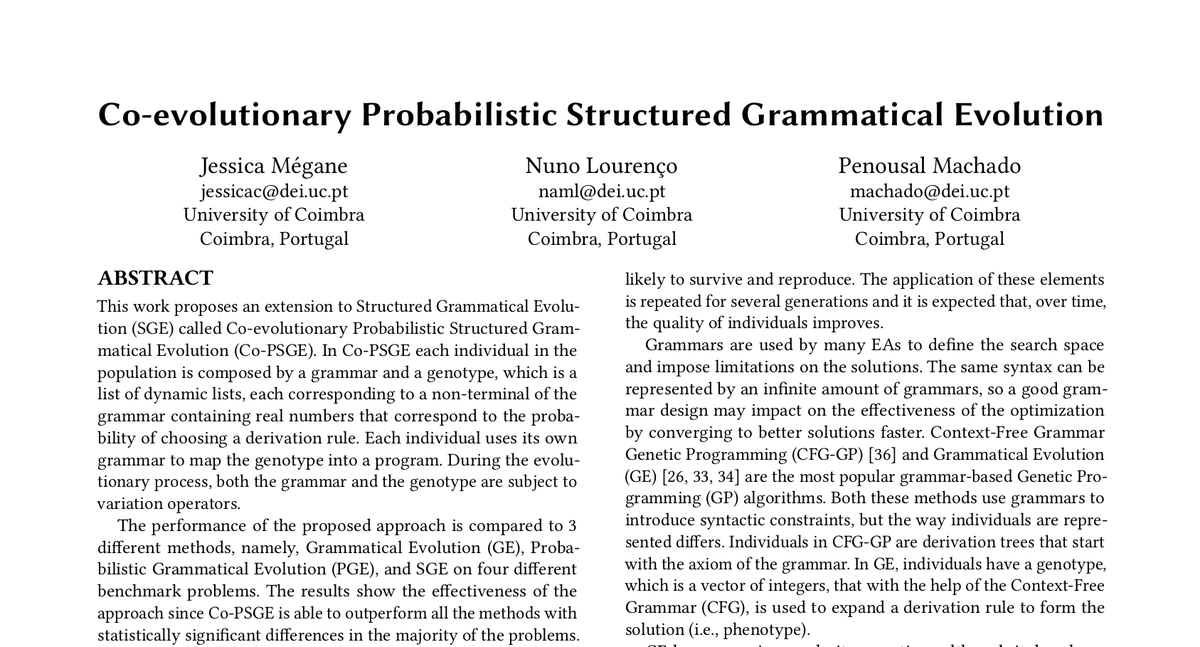 Our article has been accepted at <a href="/GeccoConf/">GECCO 2026</a> 🥳
We propose Co-PSGE and compare the performance on 4 benchmark problems. GE was outperformed on all problems and SGE on 2 of the 4.
The preprint version is available at: arxiv.org/abs/2204.08985