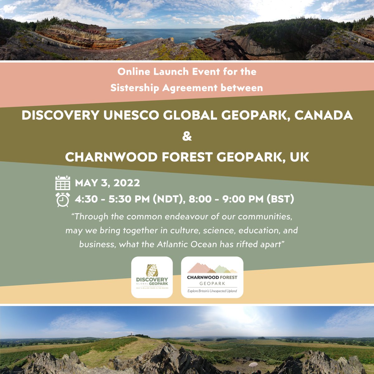 CharnwoodGeo's tweet image. We are very excited to be celebrating our new Sistership Agreement with @DiscoveryGEONL Geopark in Canada 🥳

Join us for our online launch event on May 3rd, to learn more about how our two regions will be working together 🇬🇧🇨🇦

Register now 👇
eventbrite.co.uk/e/323350438867
