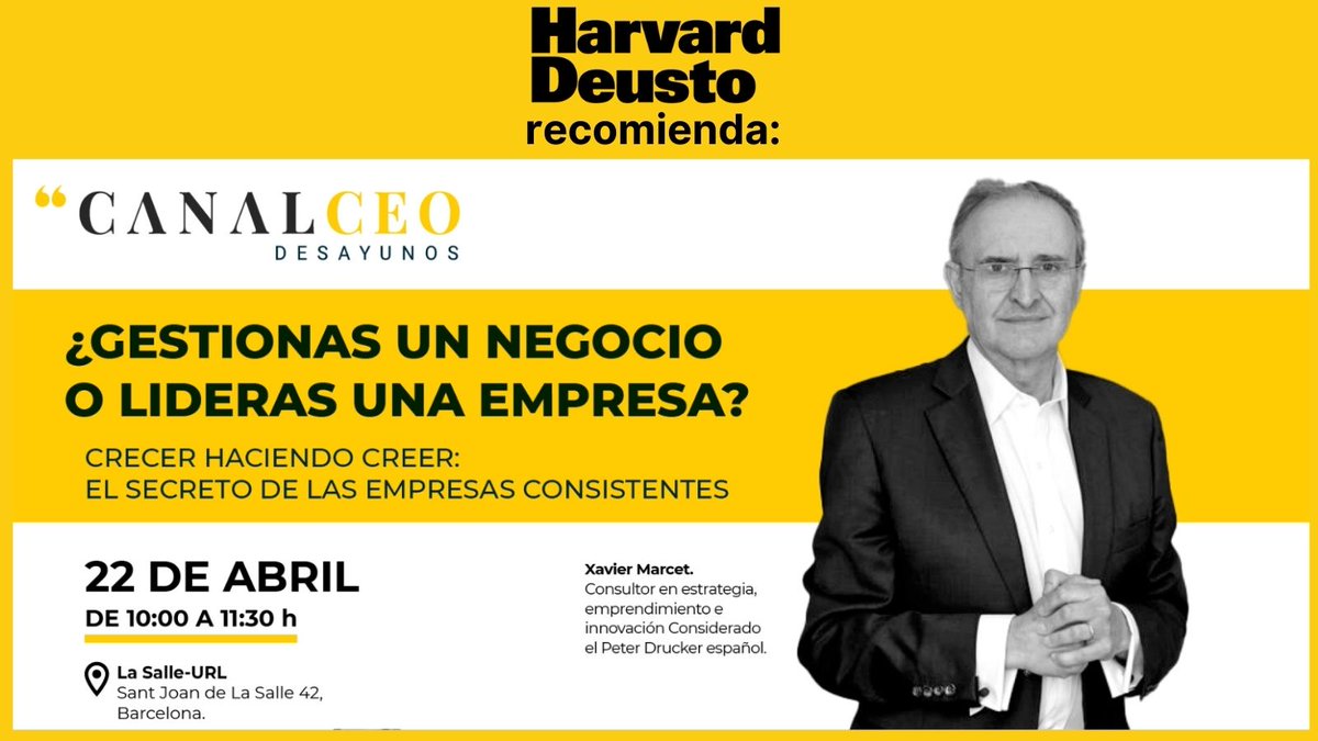 El viernes 22 de abril en #DesayunoCanalCEO, de 
@canalceo, conversaran con @XavierMarcet para reflexionar sobre los retos del nuevo management en @LaSalleBCN.

📌Apúntate aquí: cutt.ly/gF4BBPG