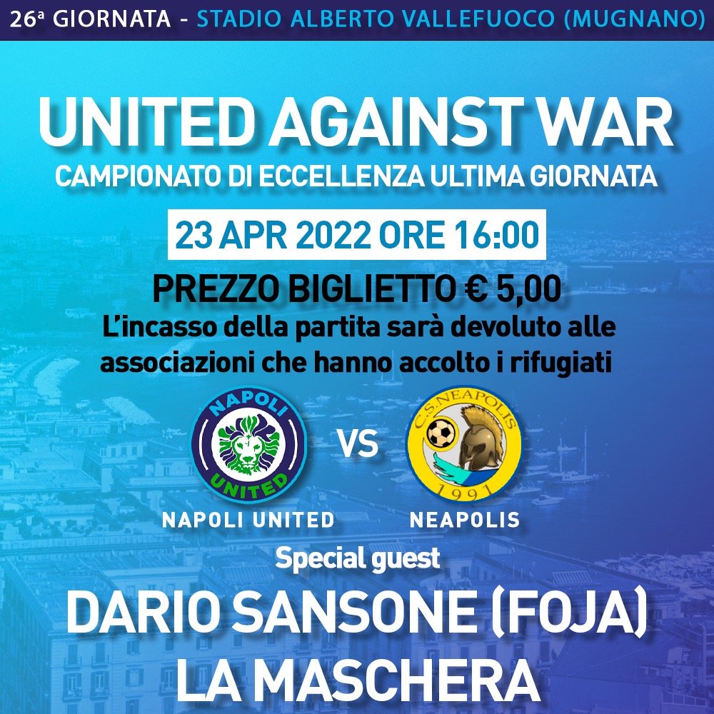 afronapoli's tweet photo. “United against war” è la partita-evento in favore dei rifugiati della guerra in Ucraina del 23 aprile alle ore 16:00 allo stadio“Vallefuoco”. Sarà possibile contribuire alla causa acquistando al costo di 5 euro per il match Napoli United-Neapolis. @FojaOfficial @LaMascheraBand https://t.co/al3WbgebZp