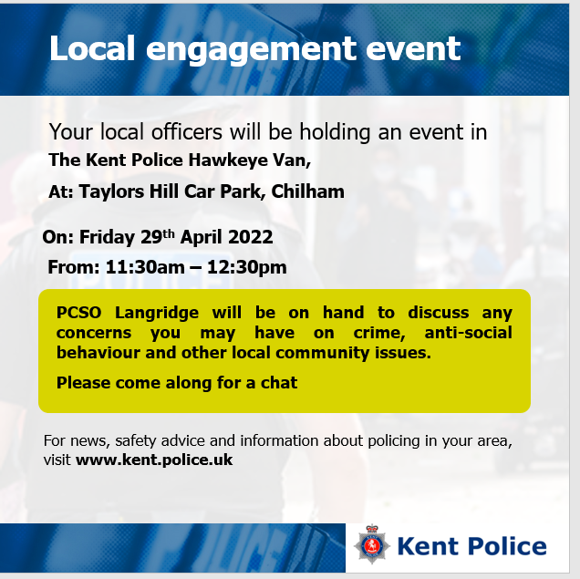 KentPoliceAsh's tweet photo. #AshfordCSU are holding the following local engagement events. Friday 29th April 2022. Please do come along if you have anything you would like to discuss with us. #CommunityPolicing #SaferSpring KR https://t.co/7cYDADWtxI
