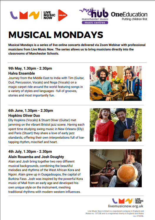 One Education Music (@oneedmusic) on Twitter photo ATTENTION ALL SCHOOLS!
We have partnered up with <a href="/LiveMusicNowUK/">Live Music Now</a> to make Mondays more musical.
Please see below for the dates and musicians we are working with to provide musical seminars over zoom.
To book your school onto a session, please email music@oneeducation.co.uk ATTENTION ALL SCHOOLS!
We have partnered up with <a href="/LiveMusicNowUK/">Live Music Now</a> to make Mondays more musical.
Please see below for the dates and musicians we are working with to provide musical seminars over zoom.
To book your school onto a session, please email music@oneeducation.co.uk
