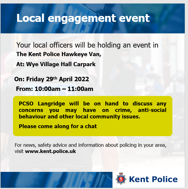 KentPoliceAsh's tweet photo. #AshfordCSU are holding the following local engagement events. Friday 29th April 2022. Please do come along if you have anything you would like to discuss with us. #CommunityPolicing #SaferSpring KR https://t.co/7cYDADWtxI