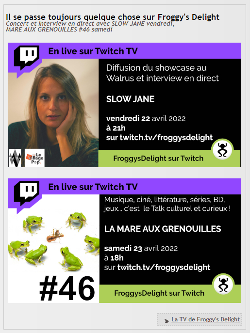 davdidier's tweet photo. grosse actualité cette fin de semaine sur la TV de @Froggydelight https://t.co/sD0L0RSBV2