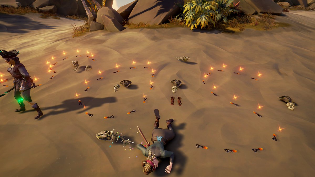 _Mvgan's tweet photo. Day 57, we're still stranded at Tribute Peak. The rest of the crew is dead, and we're out of fish. @vally413 and I keep disagreeing on how to get back to Galleons Grave. I think she's planning something behind my ba-- @SeaOfThieves #SeaOfThieves https://t.co/y9AMLxTgpY