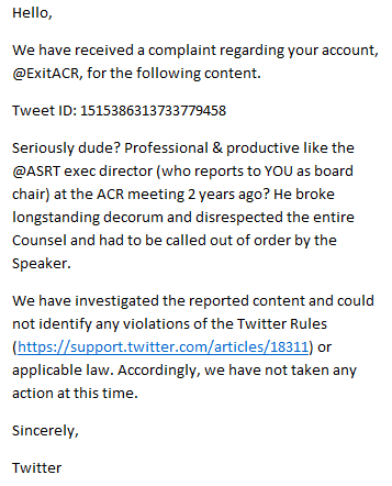 MAGAradiology's tweet photo. Twitter rep told me they got 20+ reports of my "threats" w/i 5 minutes of my last interchange with an @ASRT leader. Automated systems shut me down. Now back up. Culprit tweet below. You decide.
Coincidence or pattern? Be fearful of those who suppress voices. #StopMARCA #ACR2022 https://t.co/7E5ZgRzGCj