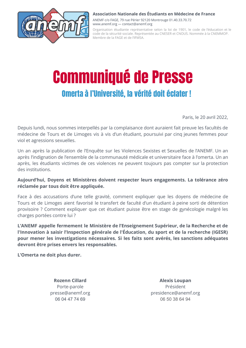 [CdP]
❌ Depuis lundi, nous sommes interpellés par la complaisance dont auraient fait preuve les #facultés de #médecine de Tours &amp; Limoges vis à vis d’un #étudiant, poursuivi par 5 jeunes femmes pour #viol et #agressions sexuelles.
⬇️