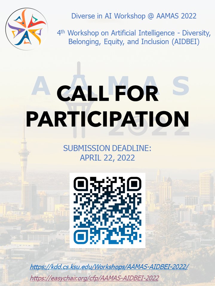 DiverseInAI's tweet image. Please RT: DEADLINE EXTENDED - there&apos;s still time to submit papers to the #DEI #Workshop on #ArtificialIntelligence @aamas2022!

#CallForPapers - 2-4pg &amp;amp; full technical papers: bit.ly/AAMAS-AIDBEI-2… 

#Diversity #Belonging #Equity #Inclusion #AI #AAMAS #AutonomousAgents #Agents