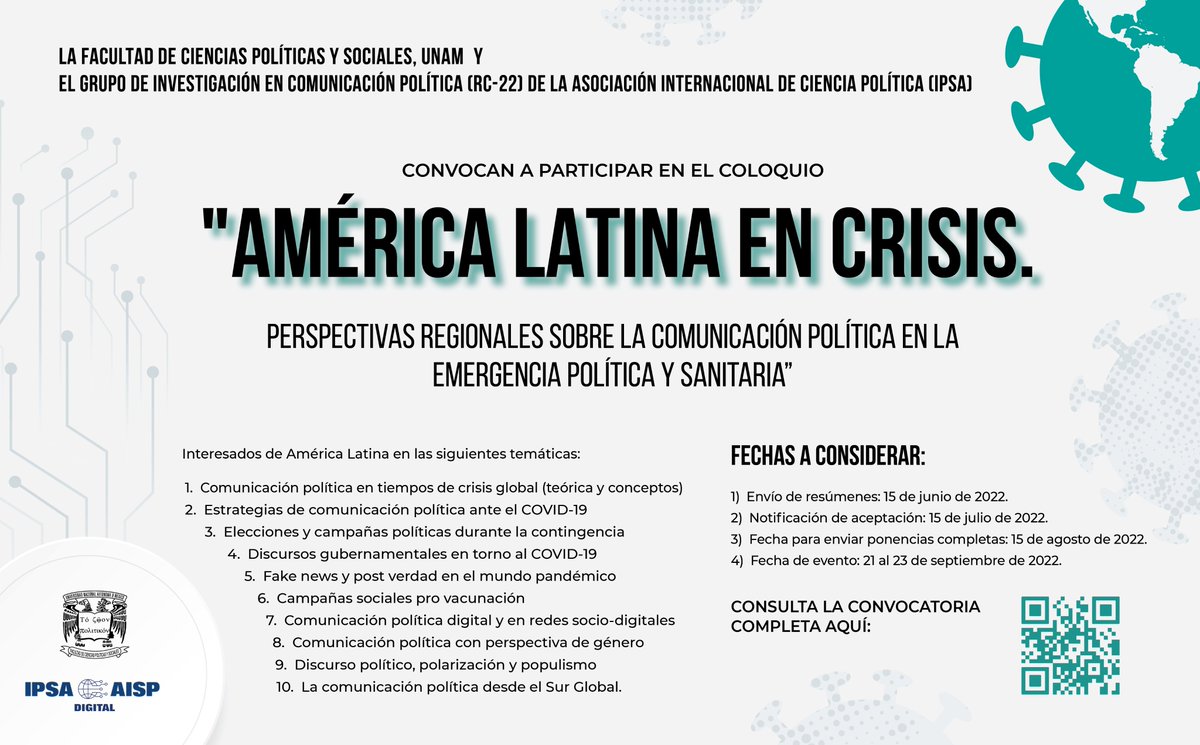 RedSAAP's tweet photo. 🔊Call for Papers! 
Para el coloquio "America Latina en Crisis. Perspectivas regionales en la comunicacion politica"; organizado por @ipsa_aisp  y la @UNAM_MX. 

Fecha limite: 15 de Junio
Toda la info aca 👇 https://t.co/Fdtj7TW4NG