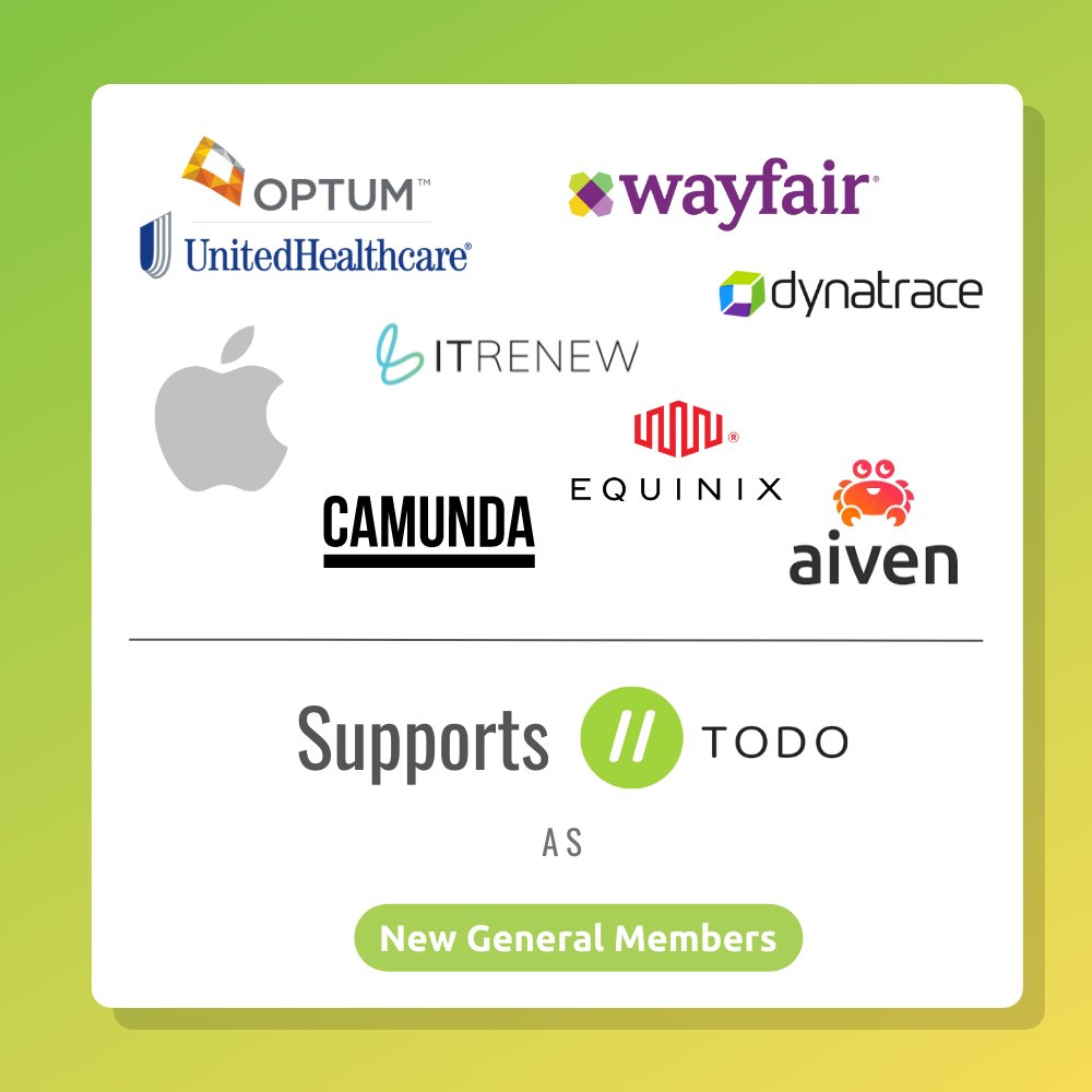 These are some of the organizations that recently started to support TODO as General Members ⭐️ Please join us in welcoming @Apple, @WayfairTech, @Aiven_io, @Optum, @ITRenewInc, @Camunda, @equinixmetal, and @Dynatrace #OSPO|s 🚀 ➡️ todogroup.org/members/