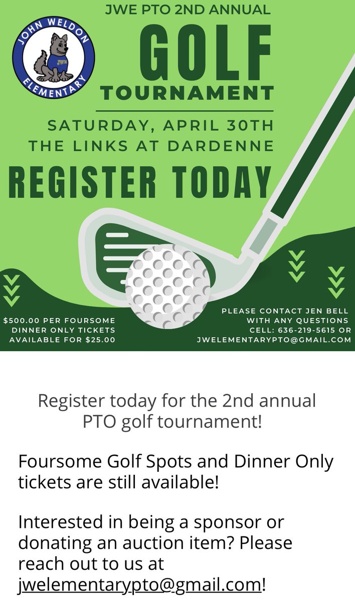 bryan_howse's tweet photo. Come join Dr. Hoven, Jacque and Jason Murphy, and I at the 2nd annual JWE golf tournament. Don’t let us win this thing 😉 
It’s a blast seeing our school community hanging together. Don’t miss out! https://t.co/2yEK0vnDv9