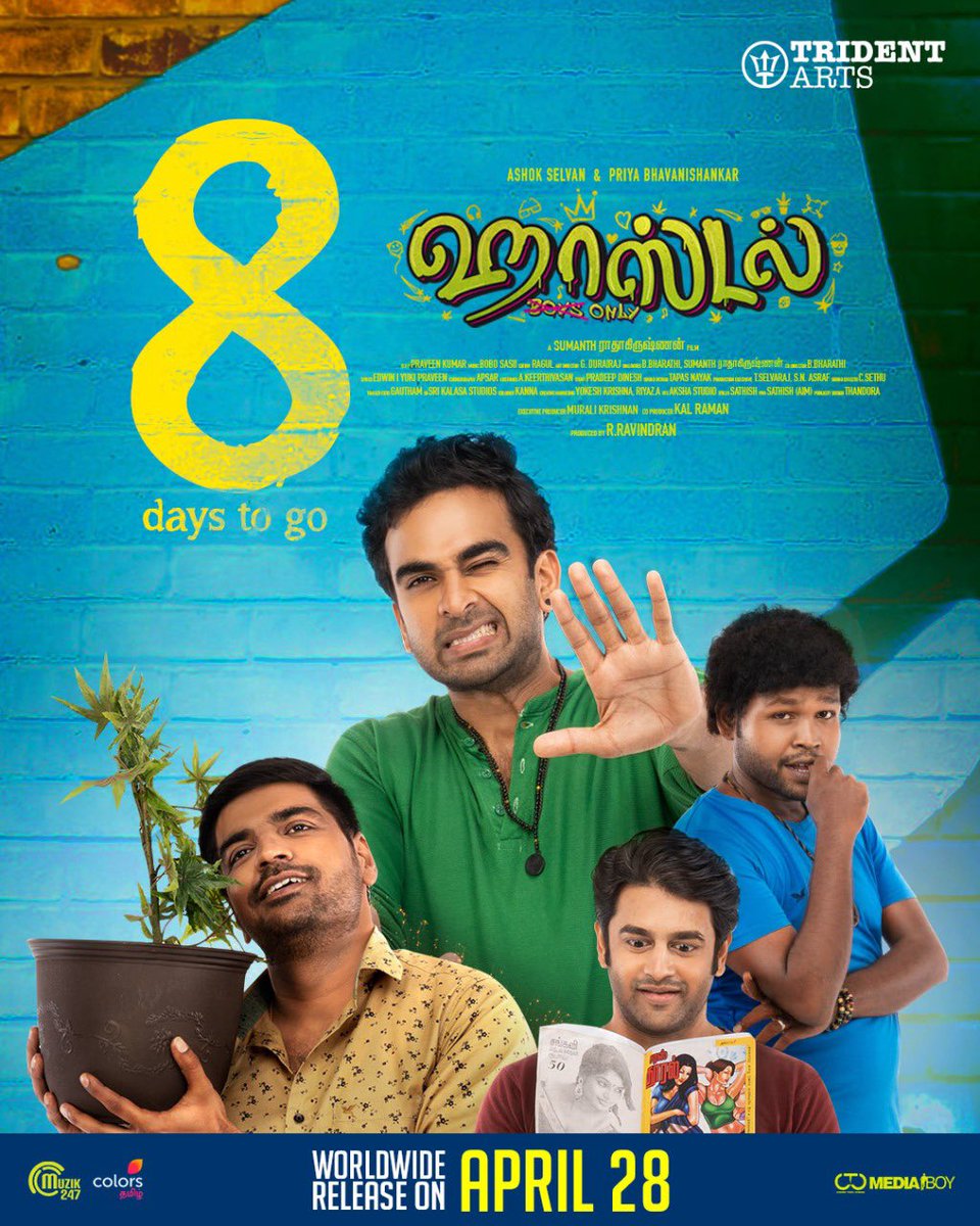 #Hostel is all set to offer laugh waves

Only 8️⃣ days to go 

#HostelfromApril28 

<a href="/tridentartsoffl/">Trident Arts</a> <a href="/MemyselfSRK/">Sumanth ராதாகிருஷ்ணன்</a>
<a href="/AshokSelvan/">Ashok Selvan</a> <a href="/priya_Bshankar/">Priya BhavaniShankar</a> <a href="/actorsathish/">Sathish</a> <a href="/YogiKpy/">kpy yogi</a> <a href="/pravethedop/">praveen kumar</a> #BoboShashi <a href="/Raguledit/">Ragul</a>
<a href="/Gdurairaj10/">G durairaj</a> <a href="/muralikris1001/">Murali Krishnan</a> <a href="/apsar25/">Apsar R</a>  <a href="/Muzik247in/">Muzik247</a> <a href="/teamaimpr/">Team AIM</a> @CtcMediaboy