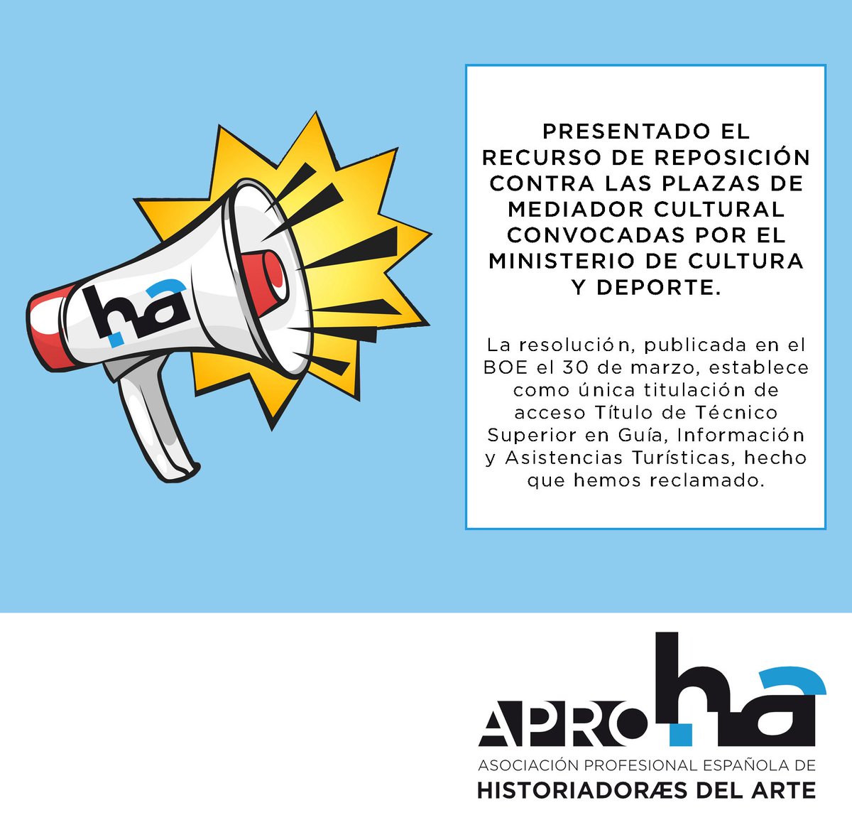 Ya hemos presentado el recurso de reposición contra la resolución por la que se convocan varias plazas de mediador cultural con el Título de Técnico Superior en Guía, Información y Asistencias Turísticas como única titulación requerida, hecho que consideramos inadmisible.