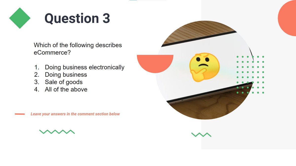 explore_wp's tweet photo. Q3. Which of the following describes eCommerce?

1. Doing business electronically 
2. Doing business
3. Sale of goods
4. All of the above

Let's see those answers!😄
#EXW #ExploreWordPress #GrowthHour #ecommercebusiness https://t.co/Pb9CFcKgPR