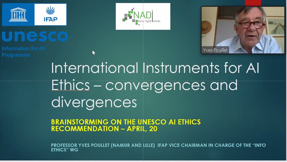 wb_france's tweet photo. #IA #UNESCO | La réunion brainstorming🧠sur la recommandation sur #éthique de l'#IA de l'UNESCO, c'est maintenant!
De riches échanges avec des experts du 🌍entier dont le Pr Poullet de @UNamur 🇧🇪
Organisé par le GT infoéthique #PIPT 

➡️Rejoignez-nous: https://t.co/iHKs1PtaO9 https://t.co/R3dcfi1Rr1