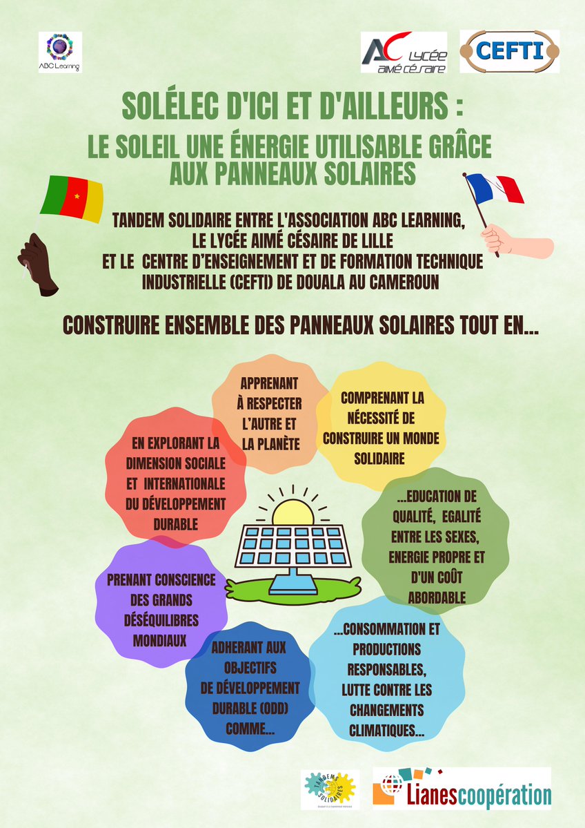 assoABCLearning's tweet image. [PROJET INTERNATIONAL] 
Vers un futur plus vert !🌱
À travers ce projet, 60 lycéens français et camerounais apprendront davantage sur les enjeux de la lutte contre le #réchauffementclimatique et acquerront du #savoirfaire.
Projet financé par @Lianescoop