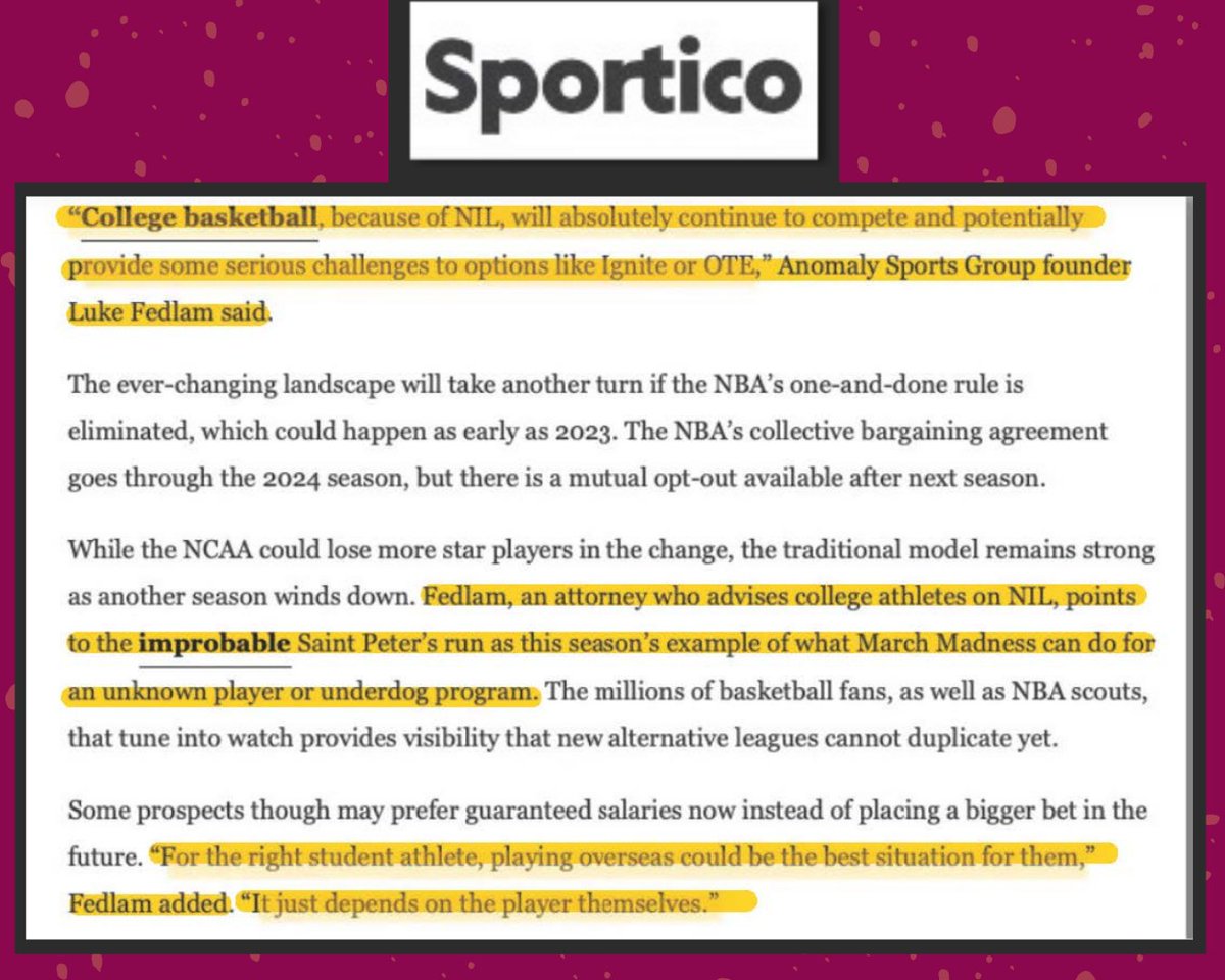 anniehhoffman's tweet photo. Happy #WednesdayWin to my client, @LukeFedlam. Luke, a NIL Expert, Non-Agent Sports Attorney, was interviewed for an article in @Sportico by @epjackson.
#CollegeAthletes #NIL #PorterWright #AnomalySportsGroup #NameImageLikeness #StudentAthletes #Sportico https://t.co/KoAMw0RO10