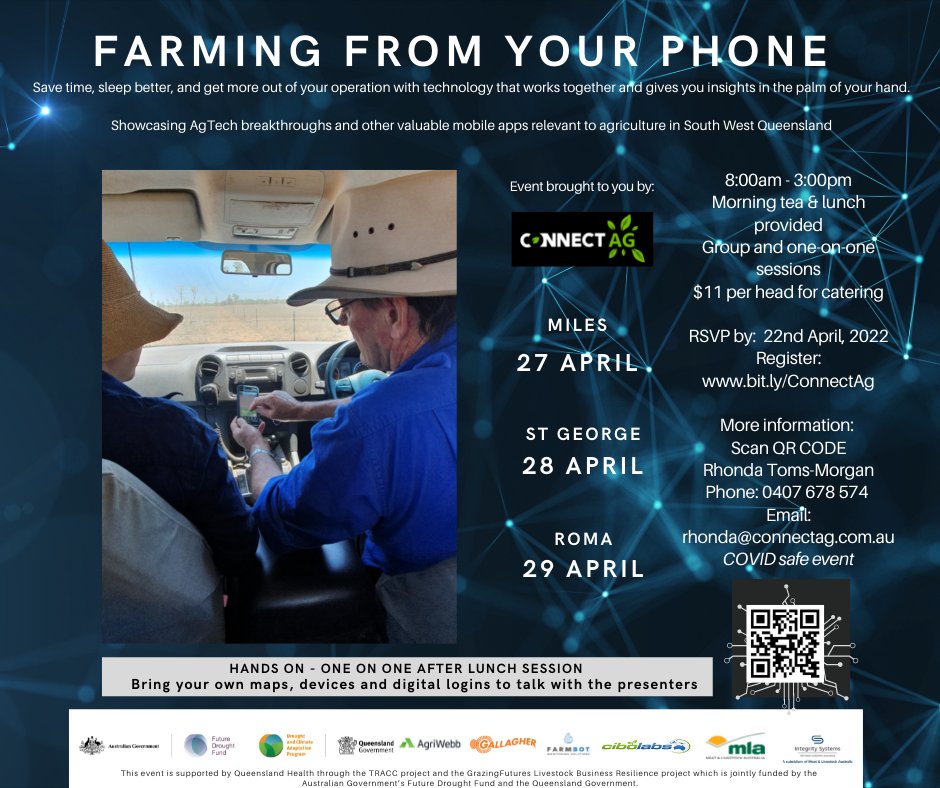 rhondatomsmorga's tweet photo. What you up to SWQ? Not sure what else that computer in your pocket can do? #FarmingFromYourPhone workshops. You'll hear from #AgTech breakthroughs and showcase free tools you can be using right now https://t.co/51V4y2ASSg #AgChatOz #MissedOpportunities #NoMoreRetro #GoTechno https://t.co/hgCKyHSFXm