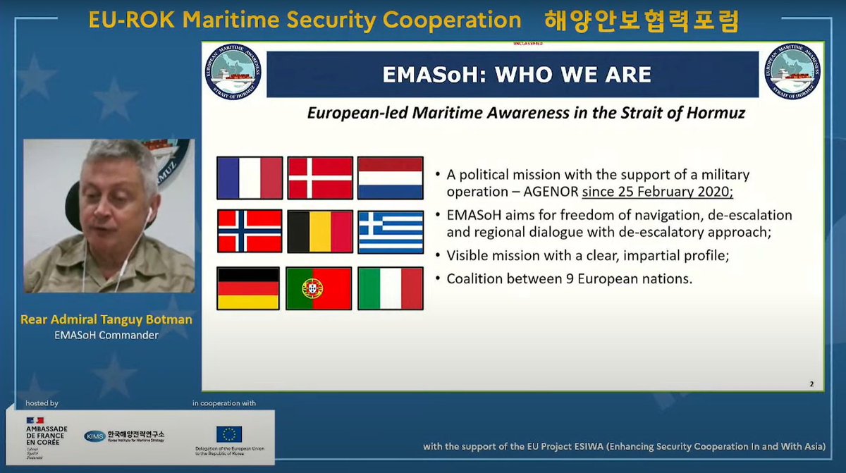 EMASOH_AGENOR's tweet photo. FCDR Op. AGENOR RADM Botman participated in the first EU-RoK Maritime Security Cooperation Forum on 19 April. The objective was to encourage the exchange of experience and expertise and to identify opportunities for cooperation on topics of mutual interest. 
@ESIWA_EU #Seoul #SoH https://t.co/B08Y0YCFDk
