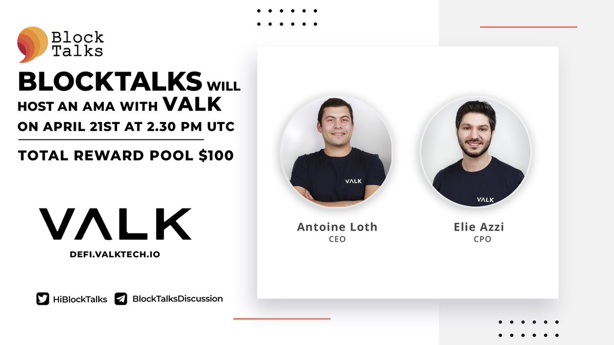 fourtisann's tweet photo. Hey Folks 🎉

BlockTalks will hold an AMA with @valktech on April 21st at 2.30 PM UTC in BlockTalksDiscussion 💬

Follow :
@HiBlockTalks
@valktech 

Like, Retweet &amp; comment your question below. (Please don't tag anyone in your question. Maximum 2 questions each person) https://t.co/YMuCFaWucA