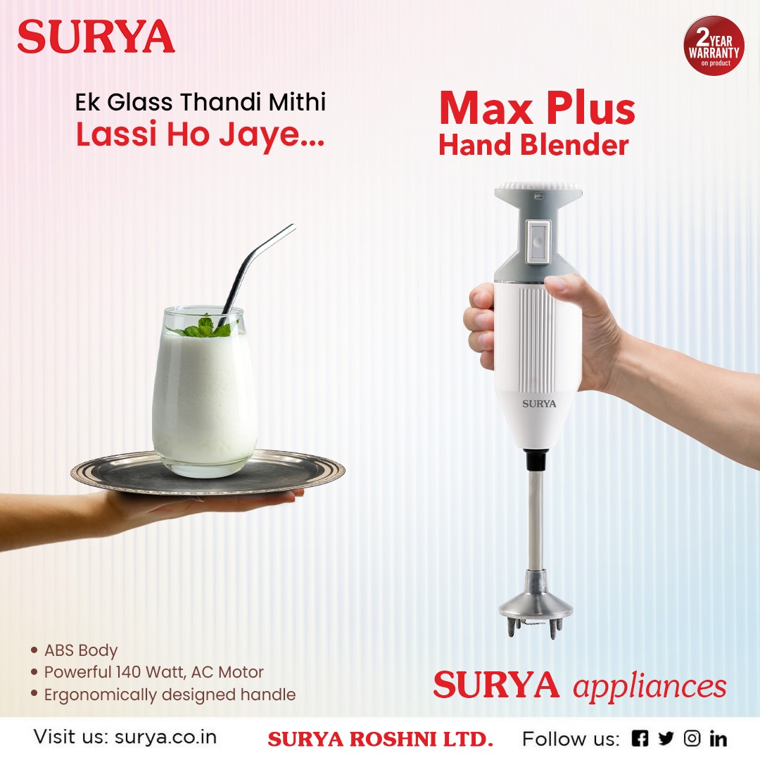 surya_roshni's tweet photo. Make thick delicious lassi for your entire family easily with Surya Max Plus Hand Blender.
Visit us at- https://t.co/AGhbNZzlGG
#Surya #SuryaAppliances #ThandiLassi #Summers #HandBlender #HandBlendingMachine #MaxPlusHandBlender #HandMixer #KitchenEssentials #KitchenAppliances https://t.co/okUek7mUo5
