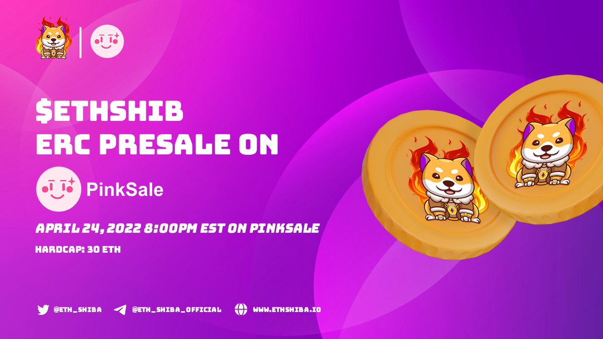 ** 🚀 ETHSHIB #ERC PRESALE 🚀 **

48 HOUR PRESALE will be held prior to the <a href="/Uniswap/">Uniswap Labs 🦄</a> launch on <a href="/pinkecosystem/">PinkSale (Pink Ecosystem)</a> April 24 at 8:00pm EST!

1⃣ PRESALE: <a href="/pinkecosystem/">PinkSale (Pink Ecosystem)</a> April 24 8:00pm EST
2⃣ ERC LAUNCH: <a href="/Uniswap/">Uniswap Labs 🦄</a> April 26 8:00pm EST

Lets go! 🚀✅ #ETHSHIBFAM