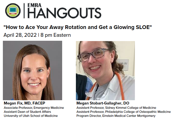 #EMBound: Join <a href="/DrMeganFix/">Megan Fix</a>  of <a href="/Utah_EM/">Utah EM</a> and Megan Stobart-Gallagher of Einstein Medical Center Montgomery for the inside track on how to stand out during your away rotations. 
April 28, 8 pm Eastern
Register: ow.ly/3FcE50ICS7Q
