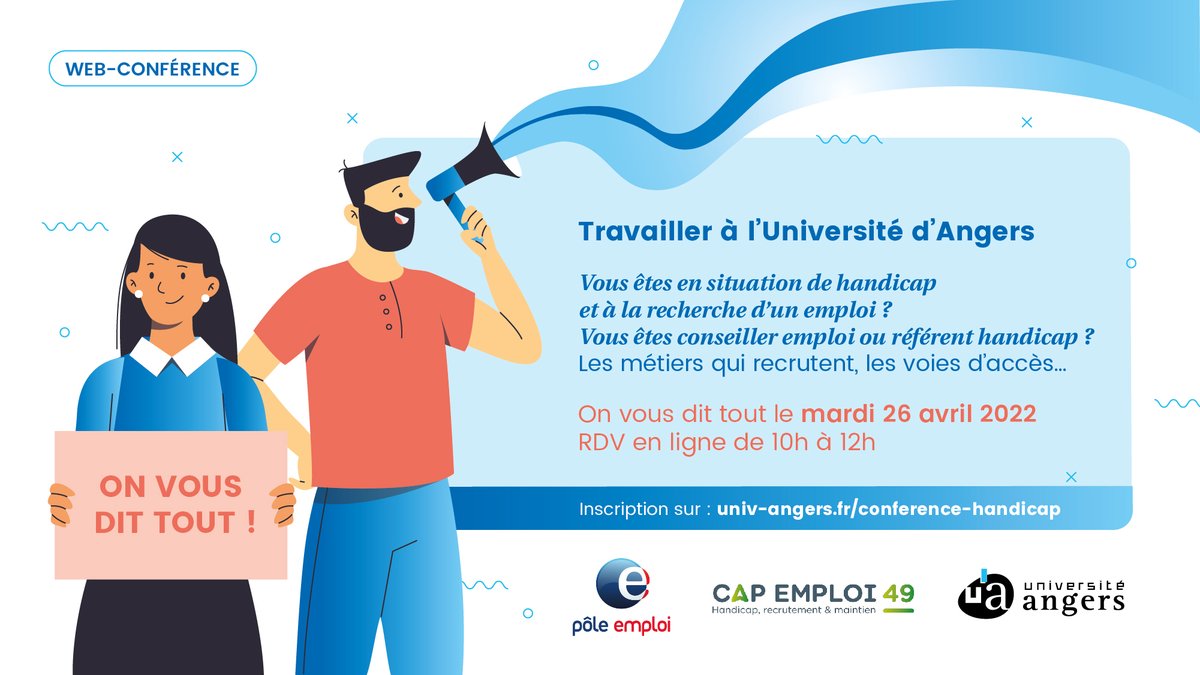 UnivAngers's tweet photo. En situation de handicap et à la recherche d’un emploi ? 
L’UA organise avec @Capemploi_ et @poleemploi_PDL une webconférence pour découvrir les métiers qui recrutent au sein de l’UA. RDV le 26/04 à 10h. Inscriptions ▶️ https://t.co/jgFH8WErV4 #UAégalité #UArecrute https://t.co/Y2594umECK