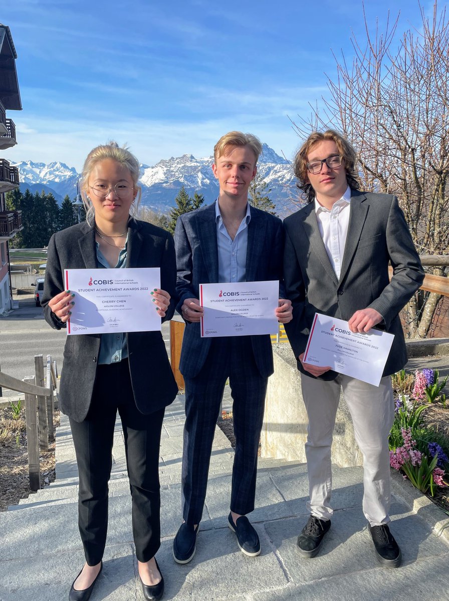 AiglonCollege's tweet photo. Congratulations to our three #COBISorg student achievement award winners! Cherry (Le Cerf, Year 13) for exceptional academic achievement and Alex and Jude (Alpina &amp; Delaware, Year 12) for significant contribution to the wider school community. Very well deserved recognition! https://t.co/VRBTpzMxYA