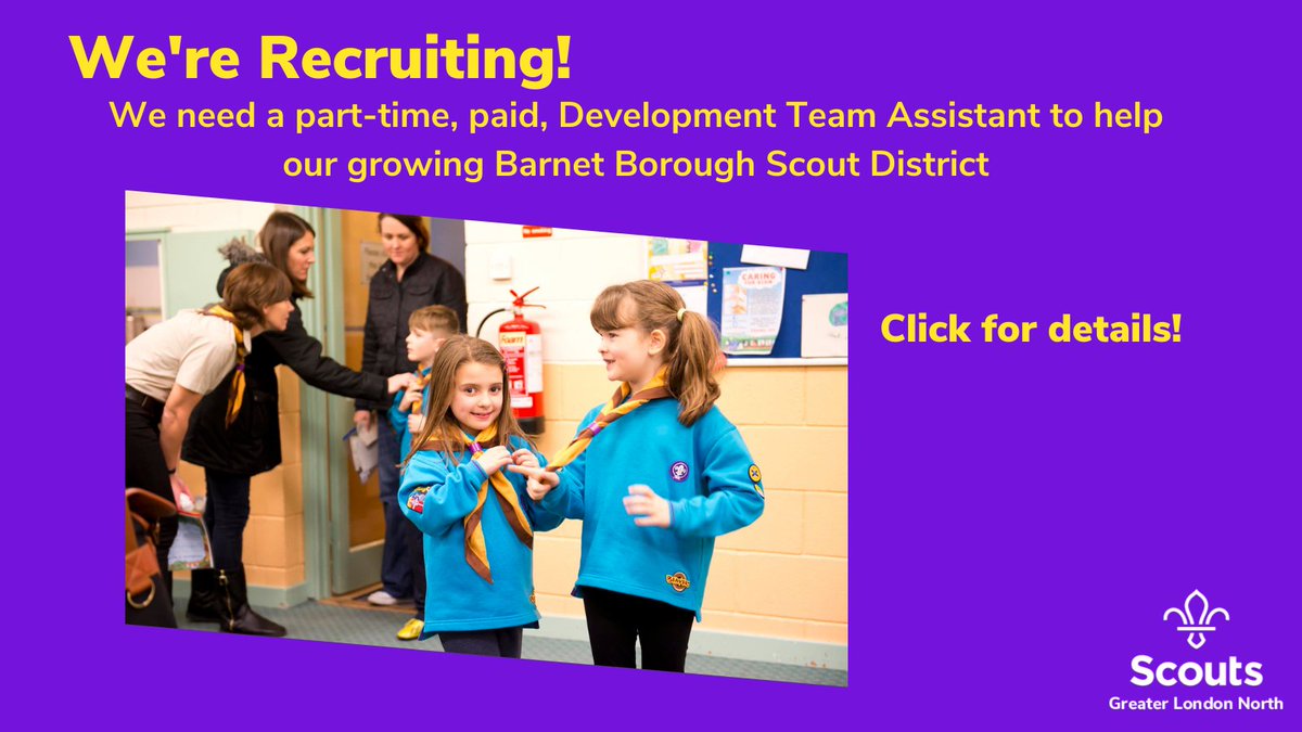 We're recruiting! We need a part-time, paid, Development Team Assistant to help our growing Barnet Borough Scout District! Click for details! scouts.org.uk/about-us/jobs/…