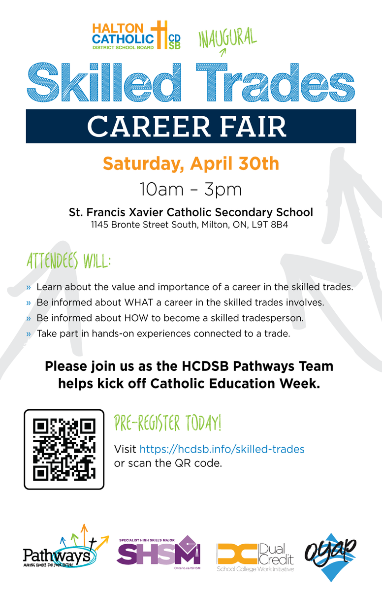 The <a href="/HCDSBPathways/">HCDSB Pathways</a> Team invites our <a href="/HCDSB/">Halton Catholic DSB</a> grade 7-12 families to our inaugural Skilled Trades Career Fair. Come explore the Skilled Trades and Apprenticeship as a career pathway. We look forward to seeing you! <a href="/StFXSOS/">St Francis Xavier CSS</a>