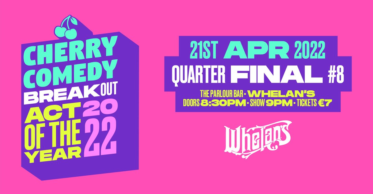 🎟️ FINAL TICKETS RELEASED 🎟️

We've released the last batch of tickets for our final Quarter Final of the Breakout Act of the Year Competition tomorrow night at The Parlour Bar in <a href="/whelanslive/">Whelan's</a>. 

Once these tickets are gone - it's full! 

Just €7 at cherrycomedy.ie/tickets 🍒