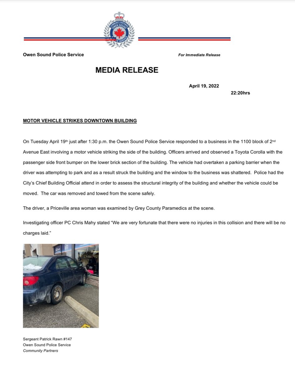 #MediaRelease Vehicle Strikes Downtown Building. Fortunately there were no Injuries as a result of the incident. <a href="/NewsBayshore/">Bayshore News</a> @BounceRadio923 <a href="/OwenSoundST/">Owen Sound Sun Times</a> <a href="/OwenSoundHub/">Owen Sound Hub</a> <a href="/ChiefAmbroseOSP/">ChiefAmbroseOSPS</a> <a href="/JFluneyOSPS/">InspectorFluney OSPS</a> @Insp_DBishop <a href="/OSPApres/">James Boyle</a>