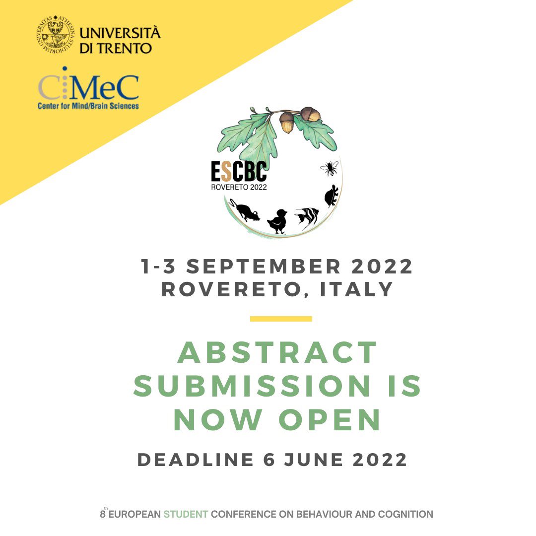 📣 Registration is now open for the 8th edition of the European Student Conference on Behaviour and Cognition 

‼️Deadline for abstract submission: 6 June 2022 

For more info 
➡️ escbc.org