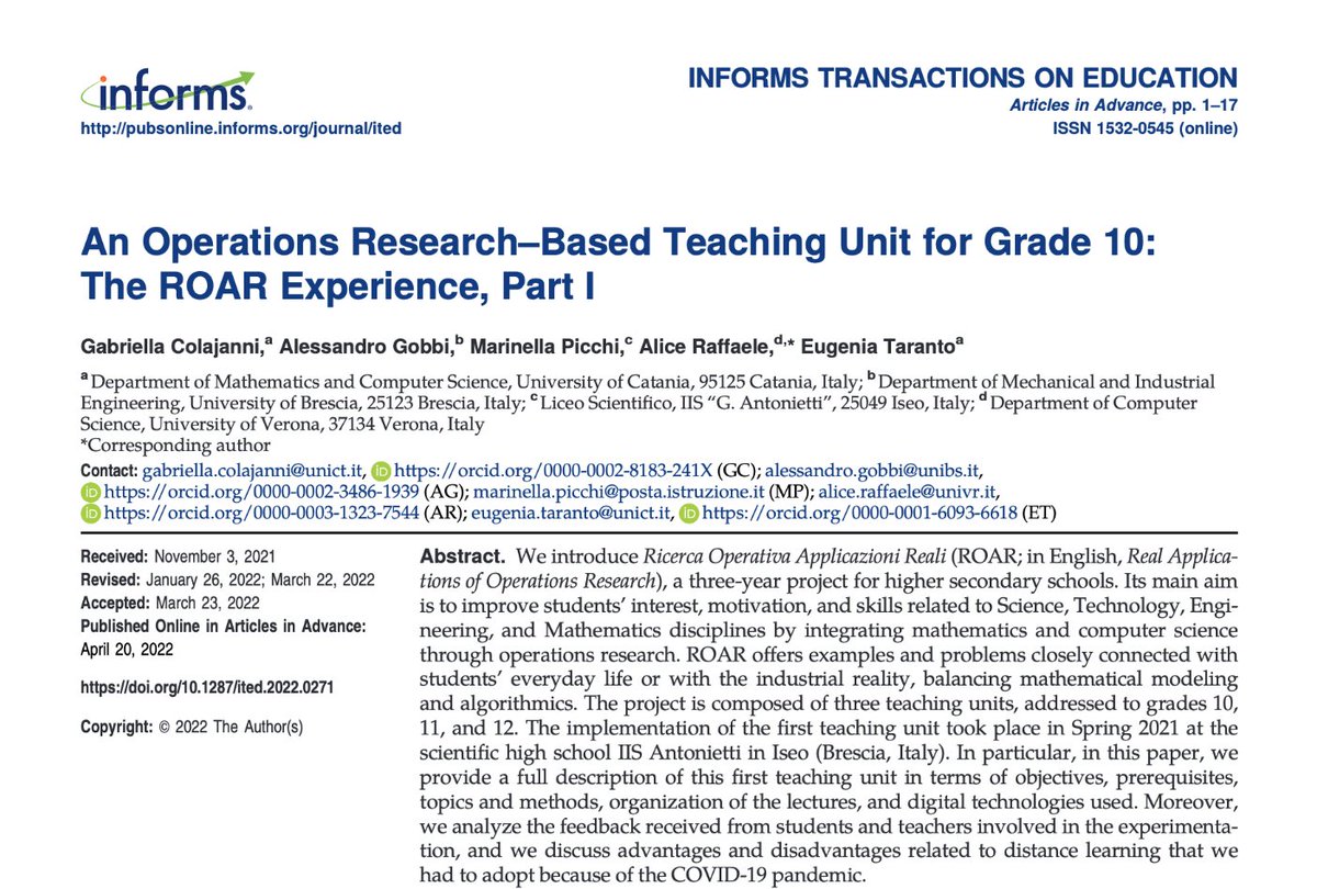 AliceRaffaele1's tweet photo. I'm really glad to share that the first paper describing the first year of #ROAR is now available online on @INFORMS #TransactionsOnEducation 🥳🥳🥳
Check it out here: https://t.co/XIbsj6p2Ll
#operationsresearch #orms #grade10 #mathematicalmodeling #geogebra #excelsolver https://t.co/ofYZlvlfLt