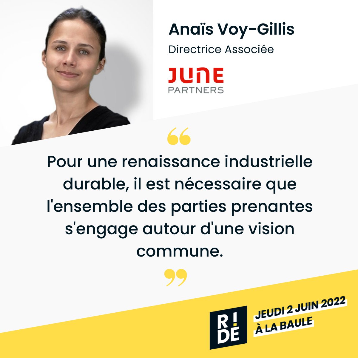 🗓️ RIDE | Jeudi 2 juin 2022 | La Baule
Anaïs Voy-Gillis <a href="/a_voygillis/">Anaïs Voy-Gillis</a>, Directrice Associée de June Partners <a href="/junepartners/">June Partners</a> et Chercheuse à l'<a href="/IAEPoitiers/">IAE Poitiers</a>, interviendra dans le thème phare n°2/4 'L'industrie circulaire'.
⤵️ Infos, tarifs et inscriptions :
ride-events.com