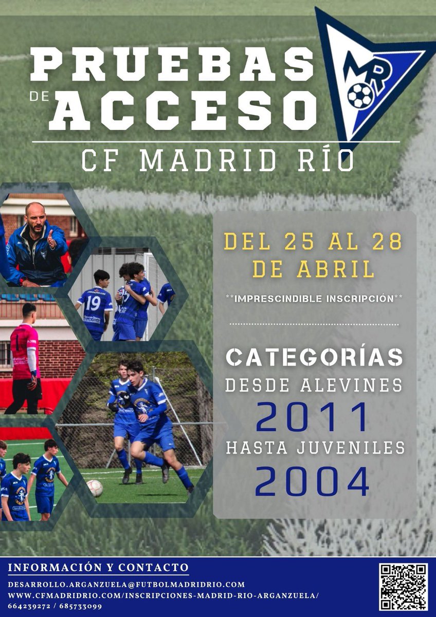 🔵⚽️📝 PRUEBAS ACCESO - 2022/23

⁉️ ¿Quieres formar parte de la #FamiliaRío 💙 la próxima temporada?

▶️ ¡Del 25-28 de ABRIL, <a href="/CFMadridRio/">C.F. Madrid Río</a> - #SedeArganzuela 🏟 te abre sus puertas en dinámica de entrenamiento con las plantillas actuales!

INSCRÍBETE  ⬇️
cfmadridrio.com/inscripciones-…