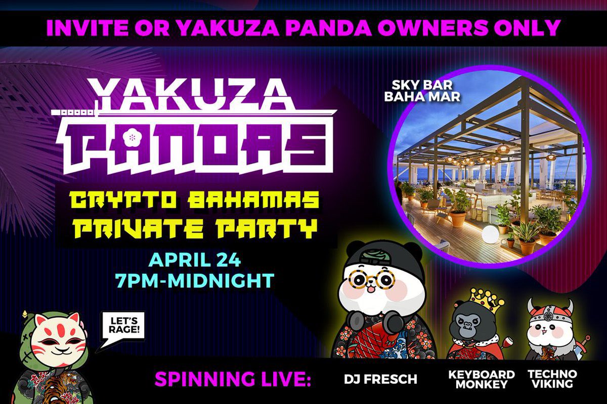 KanpaiPandas's tweet photo. We’re coming out swinging. To provide immediate utility to Yakuza Panda holders, the Yakuza family will be hosting a private party during Crypto Bahamas at Sky Bar Baha Mar on Apr. 24 🍹

The biggest names in crypto will be there. We are only just getting started. https://t.co/ugKSLPmxaA