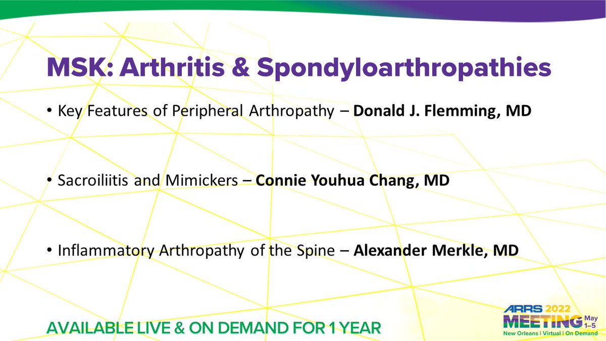 This #ARRS22 course with @cychang1414 and @merkler_alex will feature an interactive discussion on arthritis and spondyloarthropathies to include peripheral arthropathy, sacroiliitis and inflammatory arthropathy of the spine. 

www2.arrs.org/am22/schedule-…