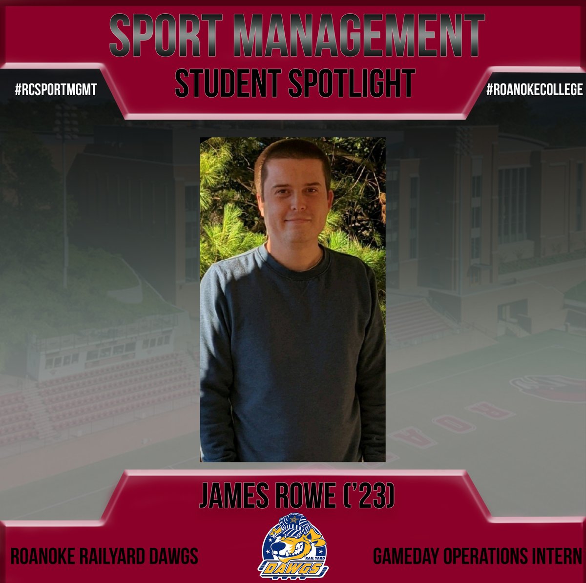 RC_SportMgmt's tweet photo. Congratulations to RC Sport Management major James Rowe on his internship with the Roanoke Railyard Dawgs doing gameday operations! #RCSportmgmt #RoanokeCollege https://t.co/MJA0Sv1N64