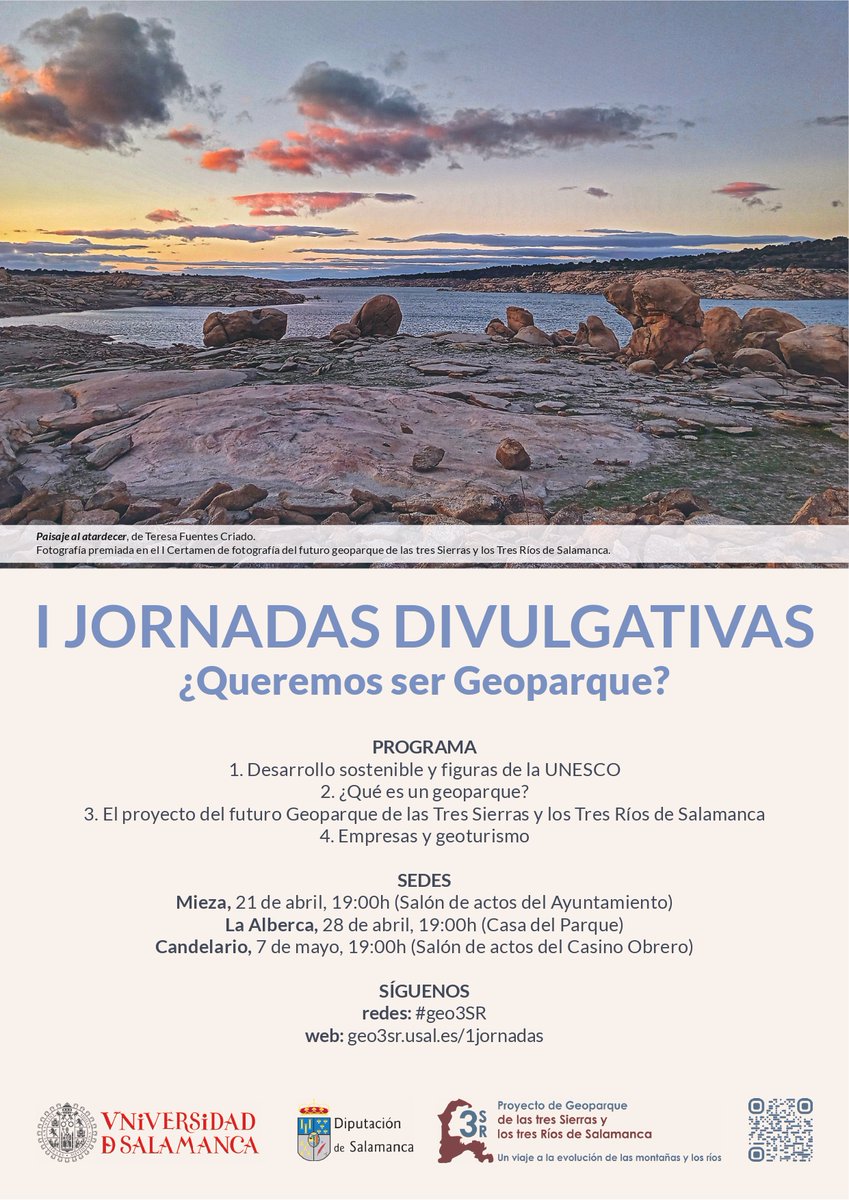 ⛰️ Mañana, a partir de las 19:00 horas, comienzan las jornadas divulgativas del proyecto del futuro geoparque de las tres Sierras y los Tres Ríos. #geo3SR

Toda la información información 👇 
geo3sr.usal.es/1jornadas