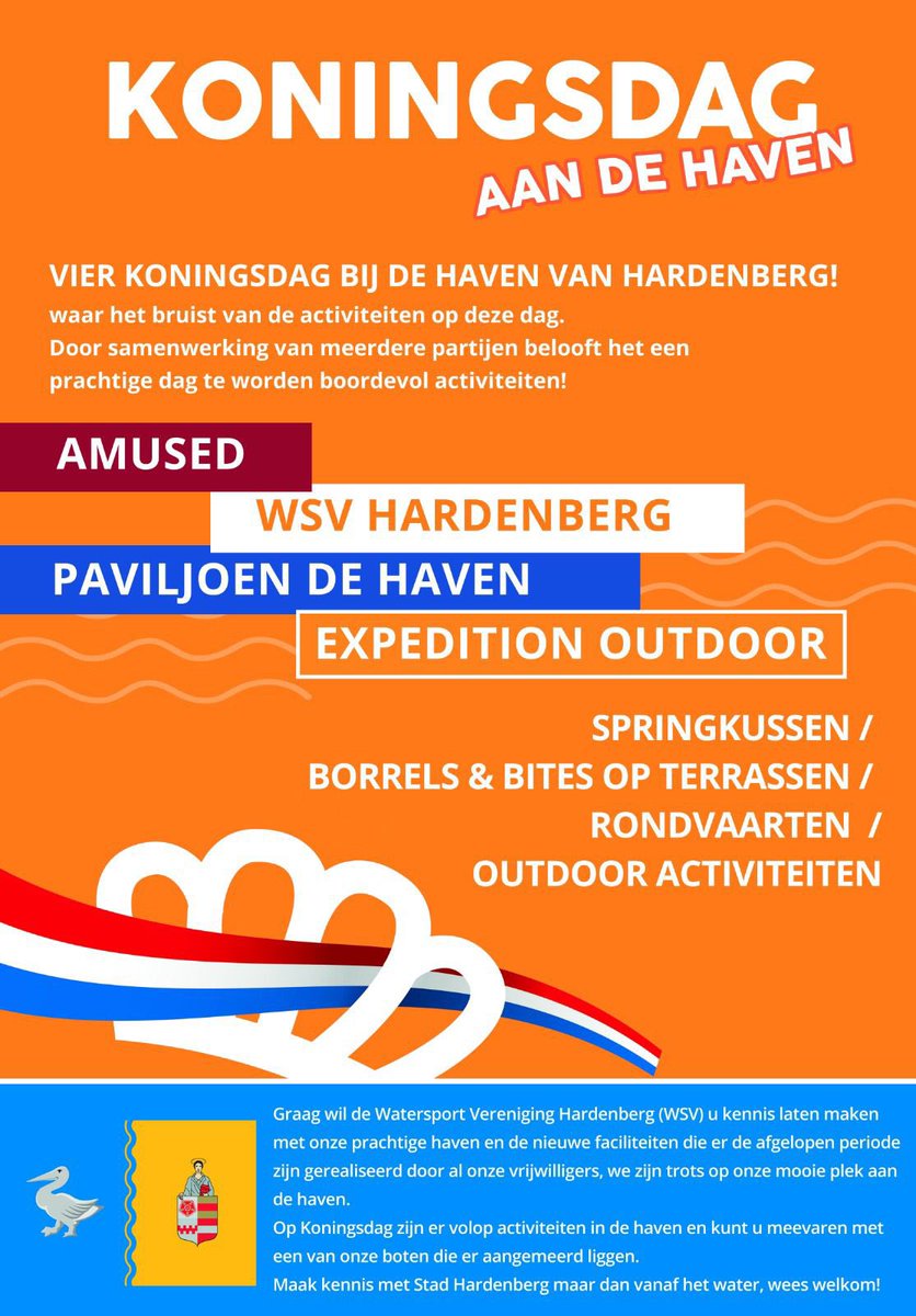 Jij komt toch ook #Koningsdag vieren aan de haven van #Hardenberg? Gezamenlijk programma van #PaviljoenDeHaven  <a href="/wsvHardenberg/">WsvHardenberg</a> #AmusedFood&amp;Wine en #ExpeditionOutdoor 
Kom lekker chillen op of langs het water van de Vecht!
#rondvaart #vechtdal #haven #waterrecreatie